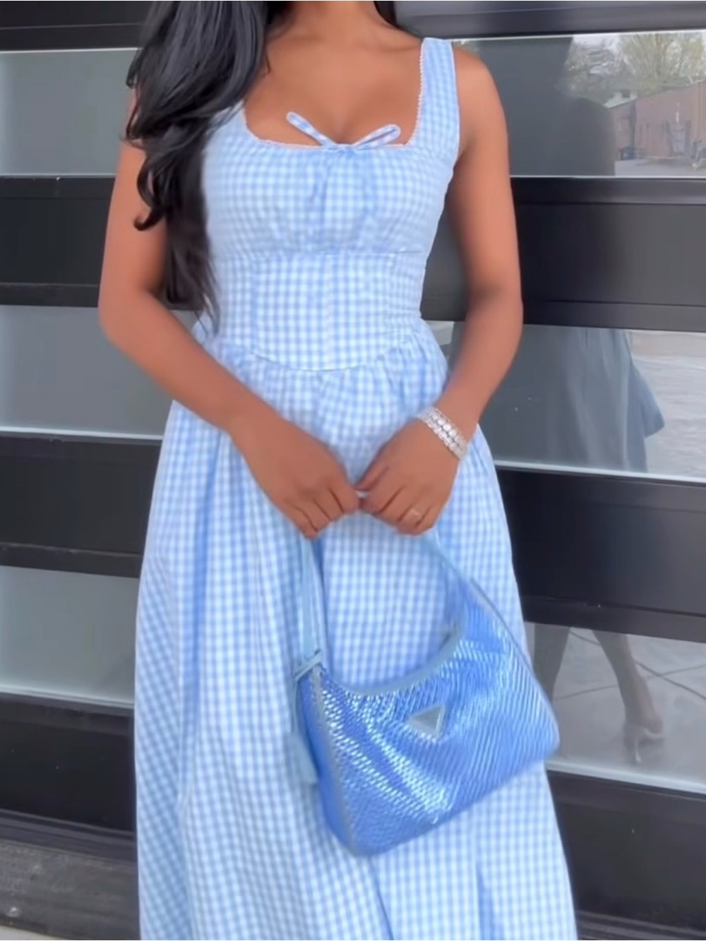Blue Gingham Maxi Dress with Tie-Front Bodice